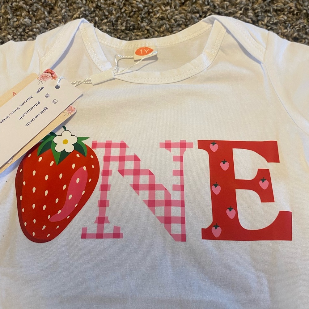 White 'One' Strawberry Graphic Baby Top